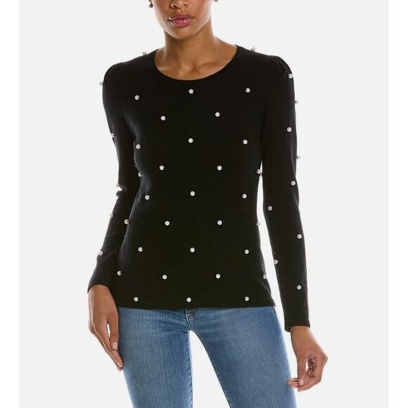 QI CASHMERE Women's Pearl Embellished Wool & Cashmere-Blend Sweater Black Small - Picture 1 of 14